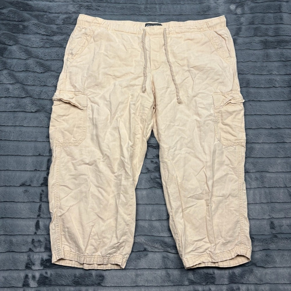 Eddie Bauer Womens XL Beige Linen Blend Cargo Capri Pants Drawstring Casual Pink